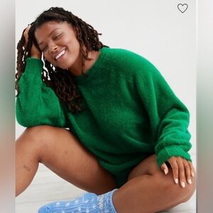 Aerie Flurry Fuzzy Crewneck Sweater Kelly Green Plush Pullover‎ Size Small NWT